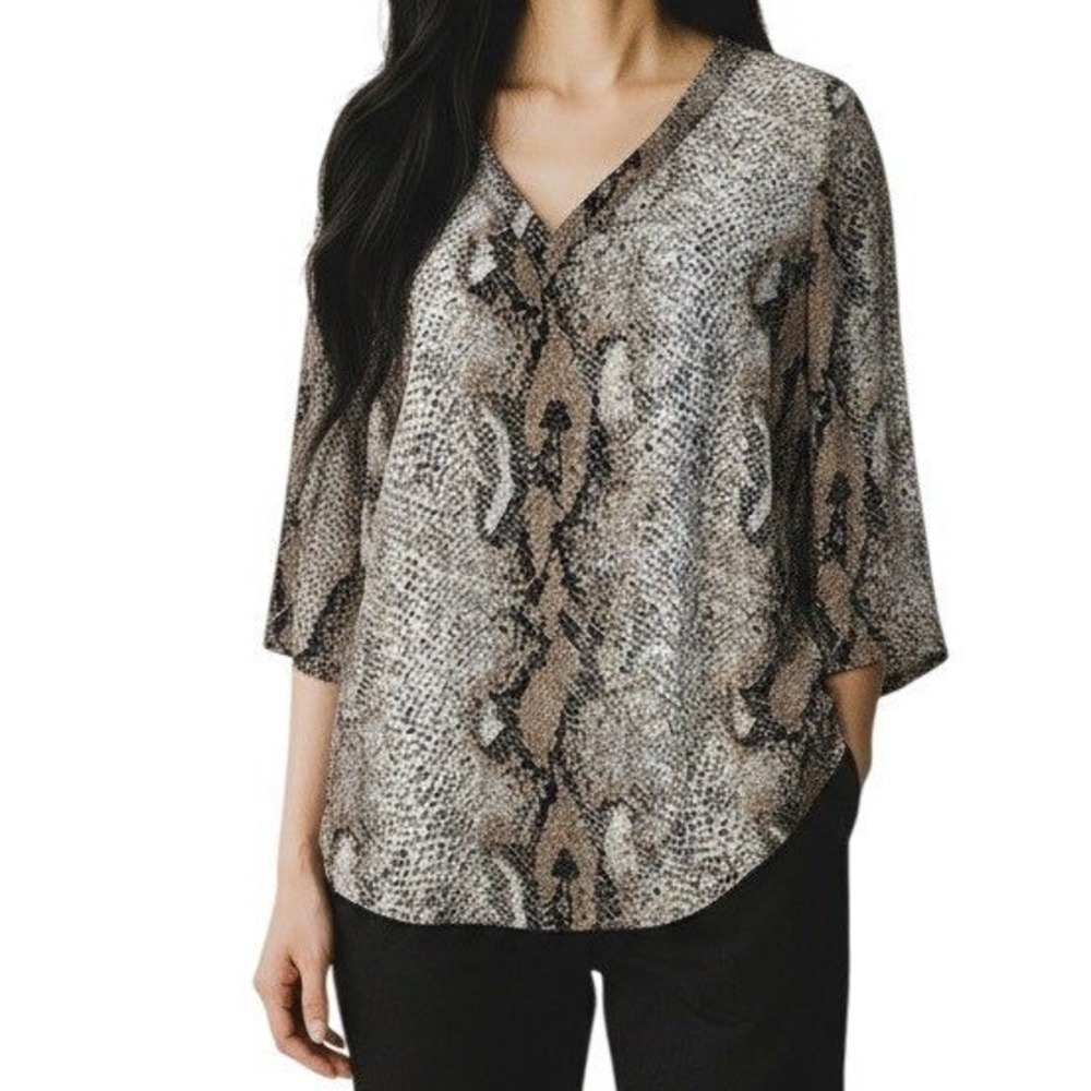 THE LIMITED‎ Snakeskin Print V-Neck Blouse 3/4 Sleeve Keyhole Back Tan NWOT XS